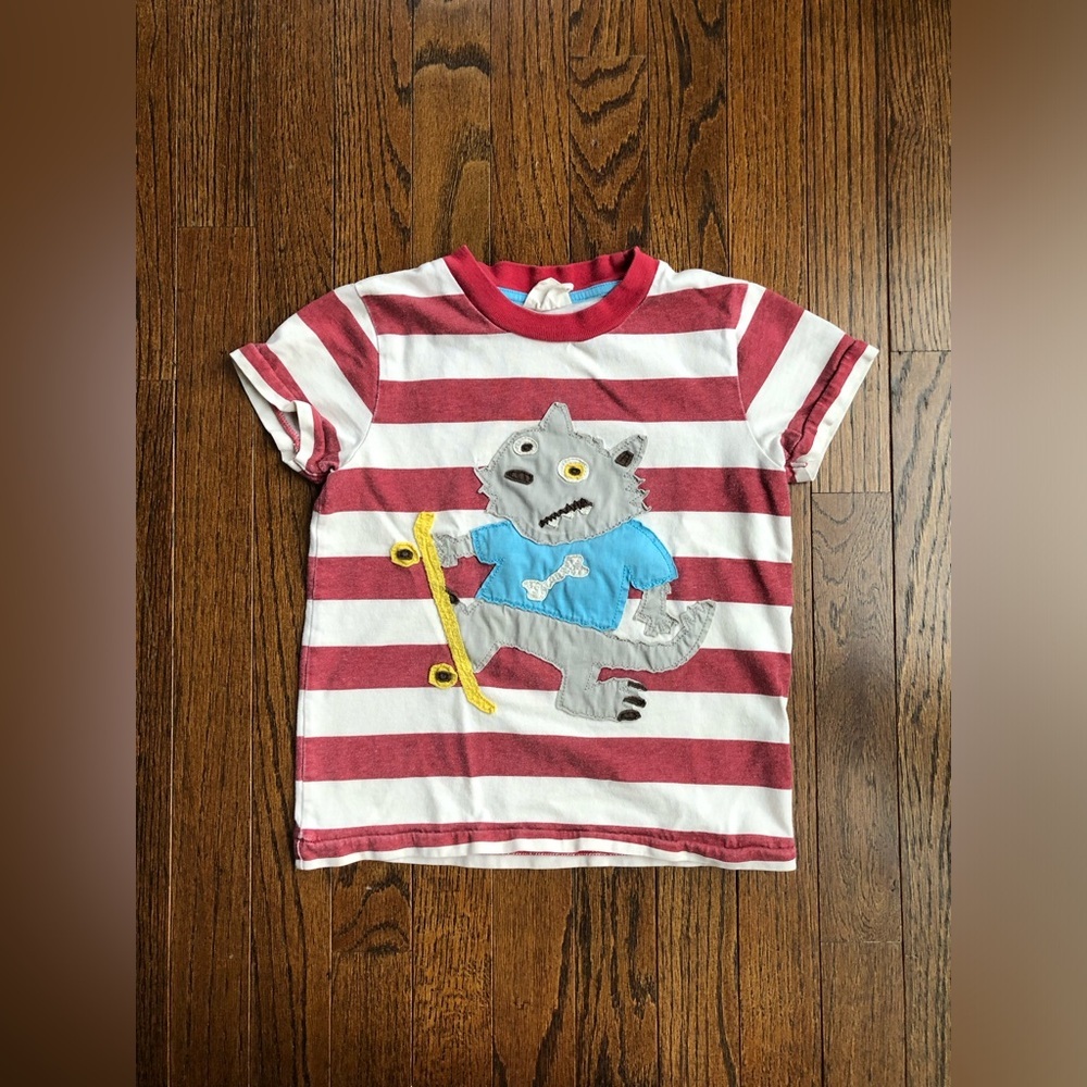 Mini Boden Boys 5-6Y Striped Rugby Short-Sleeve Wolf/Skateboard Appliqué Shirt
